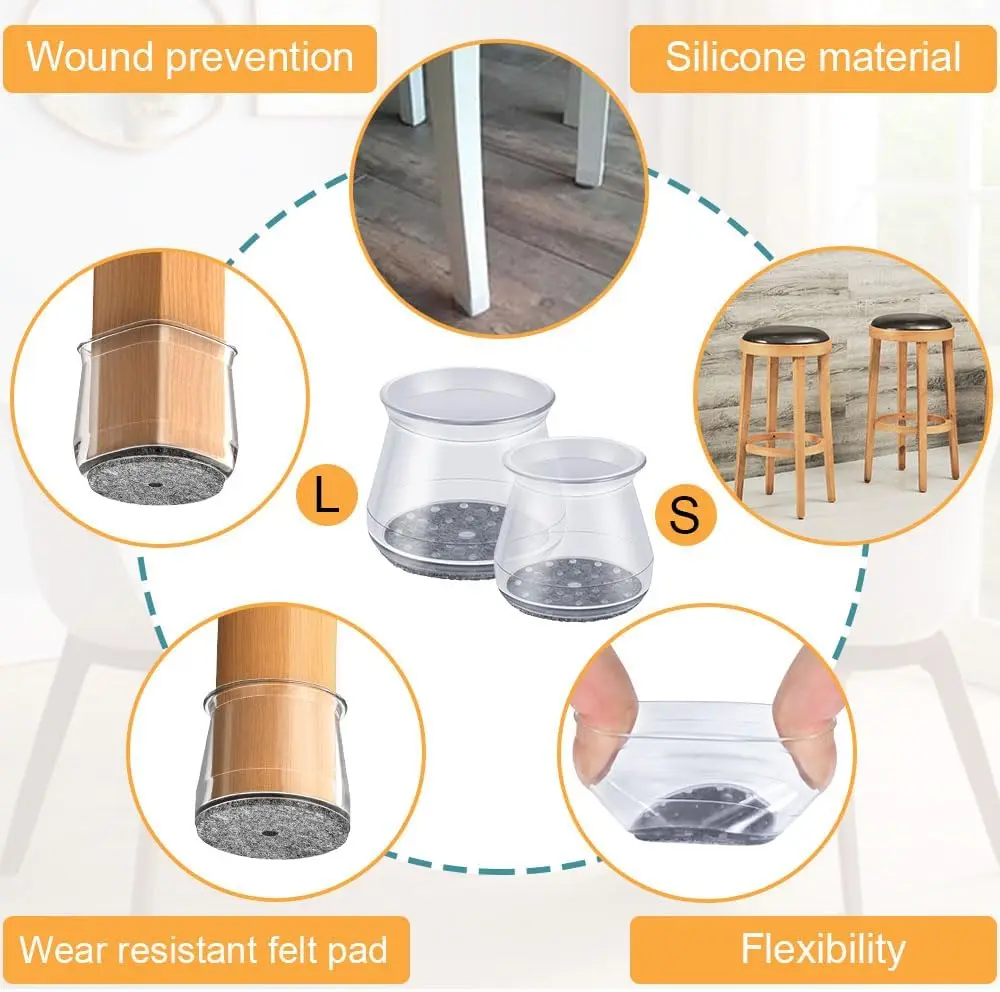 Protectores de suelo para patas de silla, 16 Uds., para suelos de madera dura, tapas de silicona para sillas, cubiertas, almohadillas deslizantes para muebles con parte inferior de fieltro envuelta