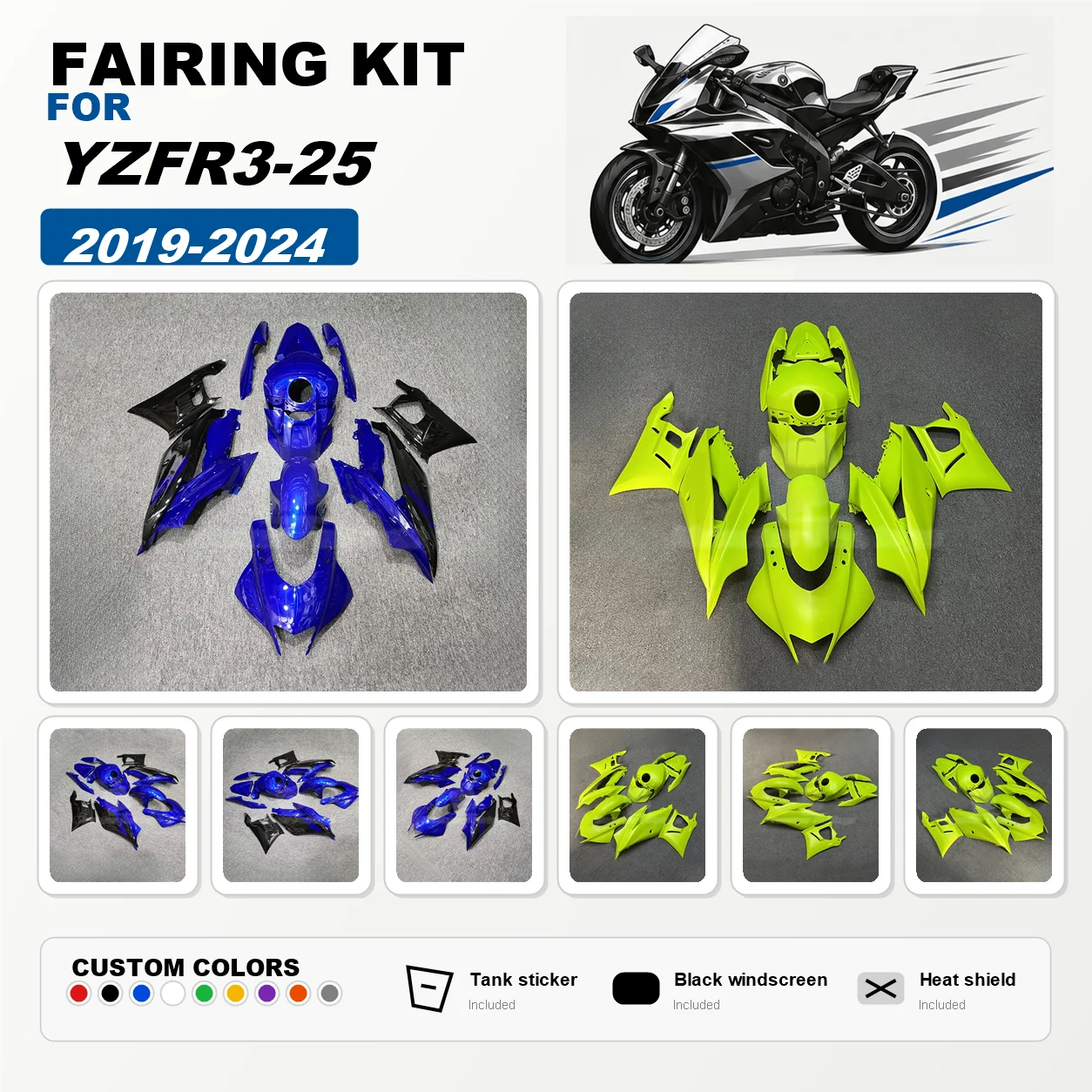 2019-2024 YZFR3 R25 Body Parts Fairing Kit for 19-24 YZFR25 R3 Injection Fairings Panel Set Bodywork