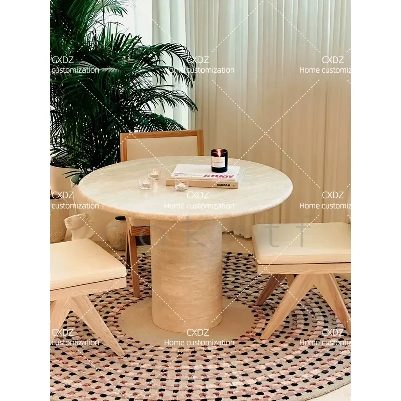 Wabi Sand Wind Natural Travertine Round Dining Table Household Small Unit Model Room Designer Marble Round Table