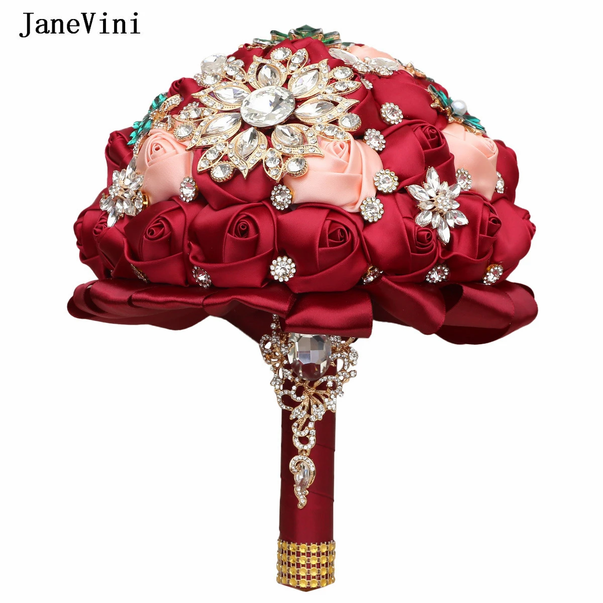 

JaneVini Burgundy Satin Roses Green Jewelry Bridal Flowers Bouquets Handmade Luxury Rhinestone Crystal Wedding Bouquet for Bride