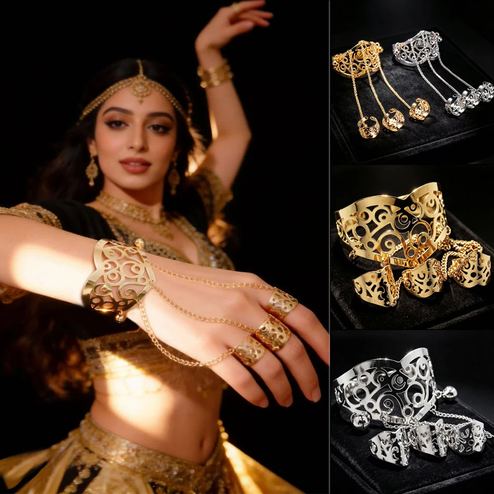 Elegant Slave Open Cuff Bells Bangles Pretty Hollow Flower Vine Finger Rings Bracelets Hand Harness Ornament Cosplay Accessories