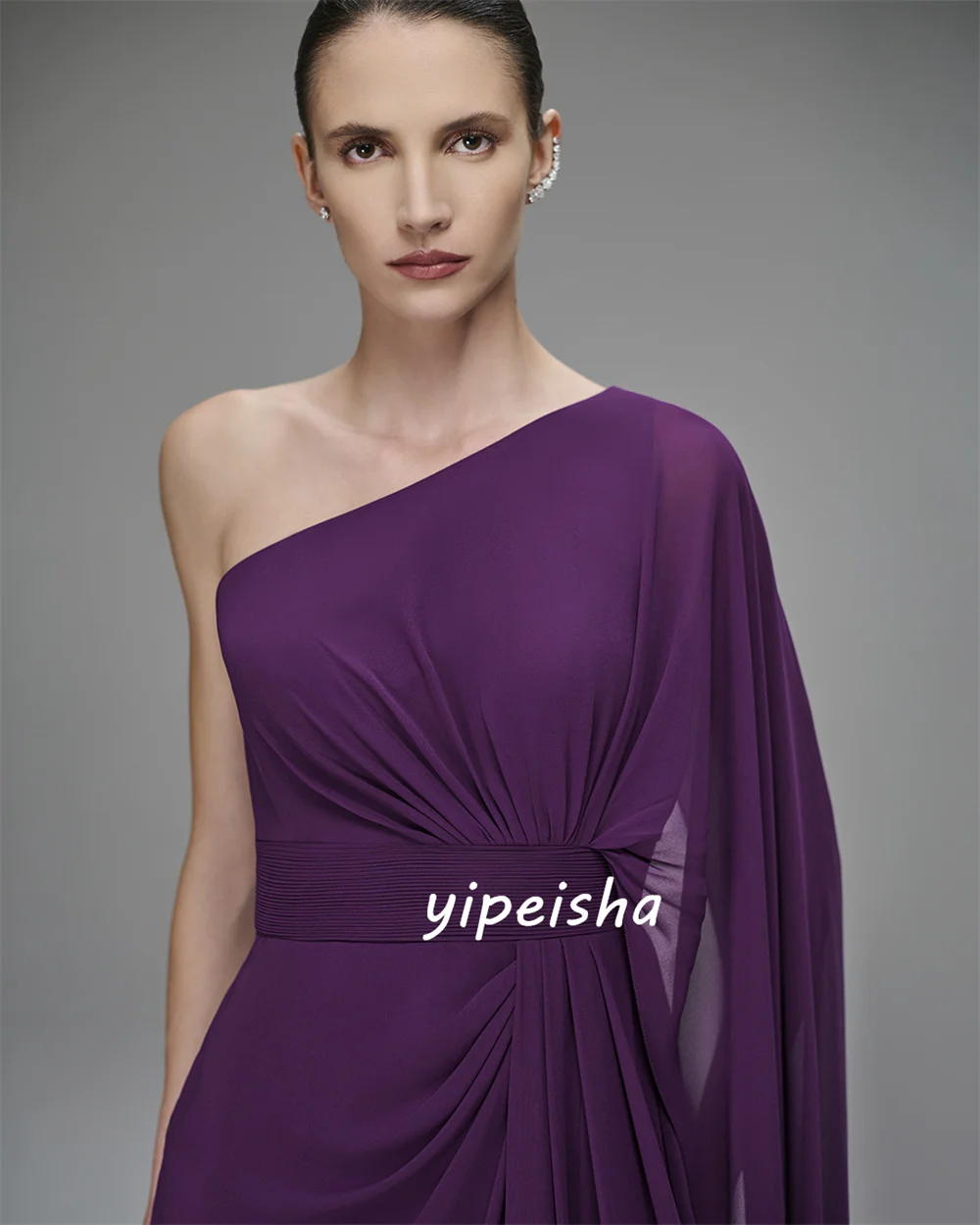 Customized Purple Simple Sizes Available Chiffon Pleat Ruched A-line One-shoulder Floor-Length Evening Dresses For Wedding Party
