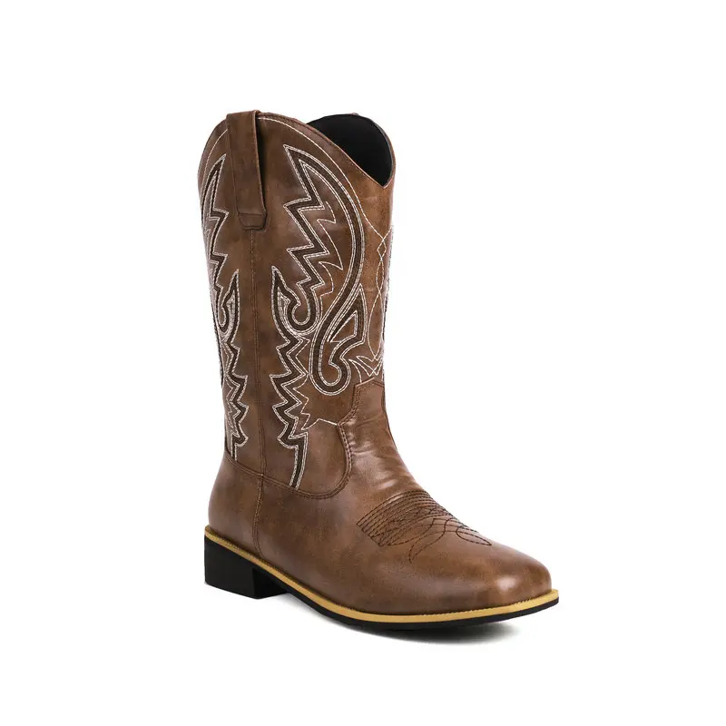 Bottes de Cowboy à Enfiler pour Femme, Chaussures Ethniques, Bohèmes Occidentales, Mi-Mollet, Broderie Large Mollet, Grande Taille 42 43