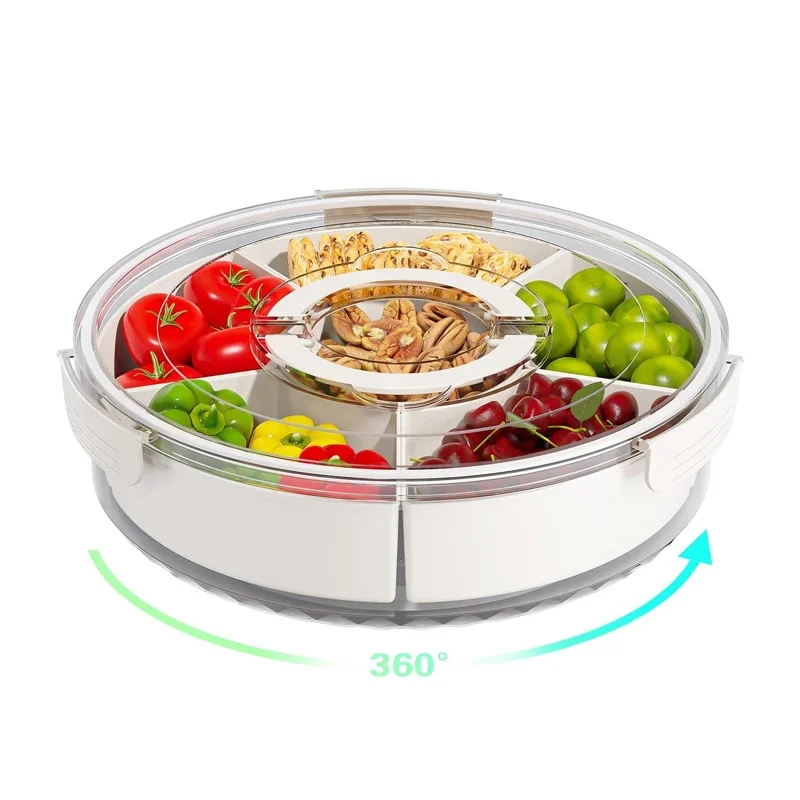 

Portable Plastic Round Snack Serving Tray Snackle Box Container Spinner Rotatable Divided Serving Tray with Lid and Handle