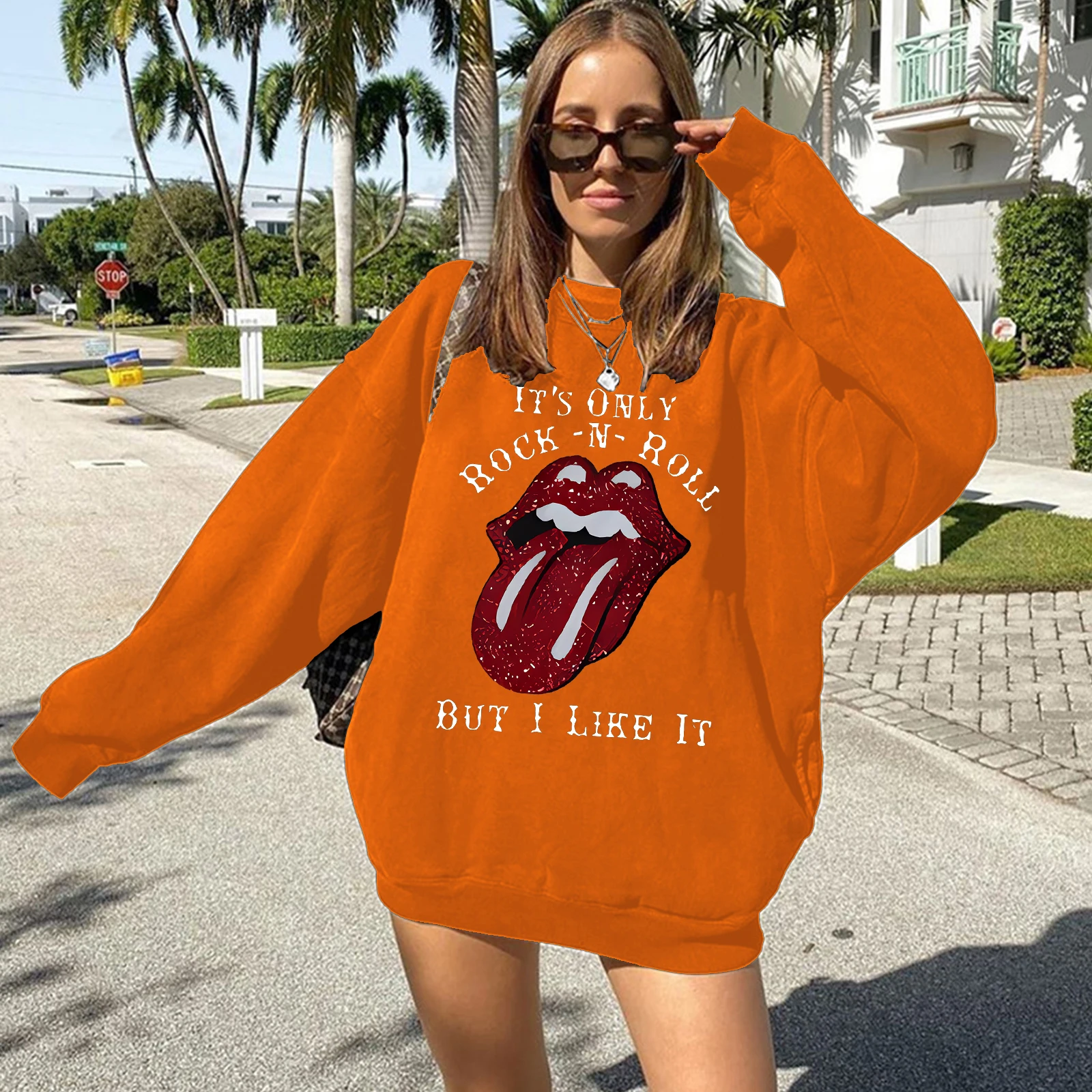 IT\'S ONLY ROCK -N-ROLL BUT I LIKE IT Print Women Sweatshirt Drop Shoulder Long Sleeve Casual Round Neck Tops Women Clothes