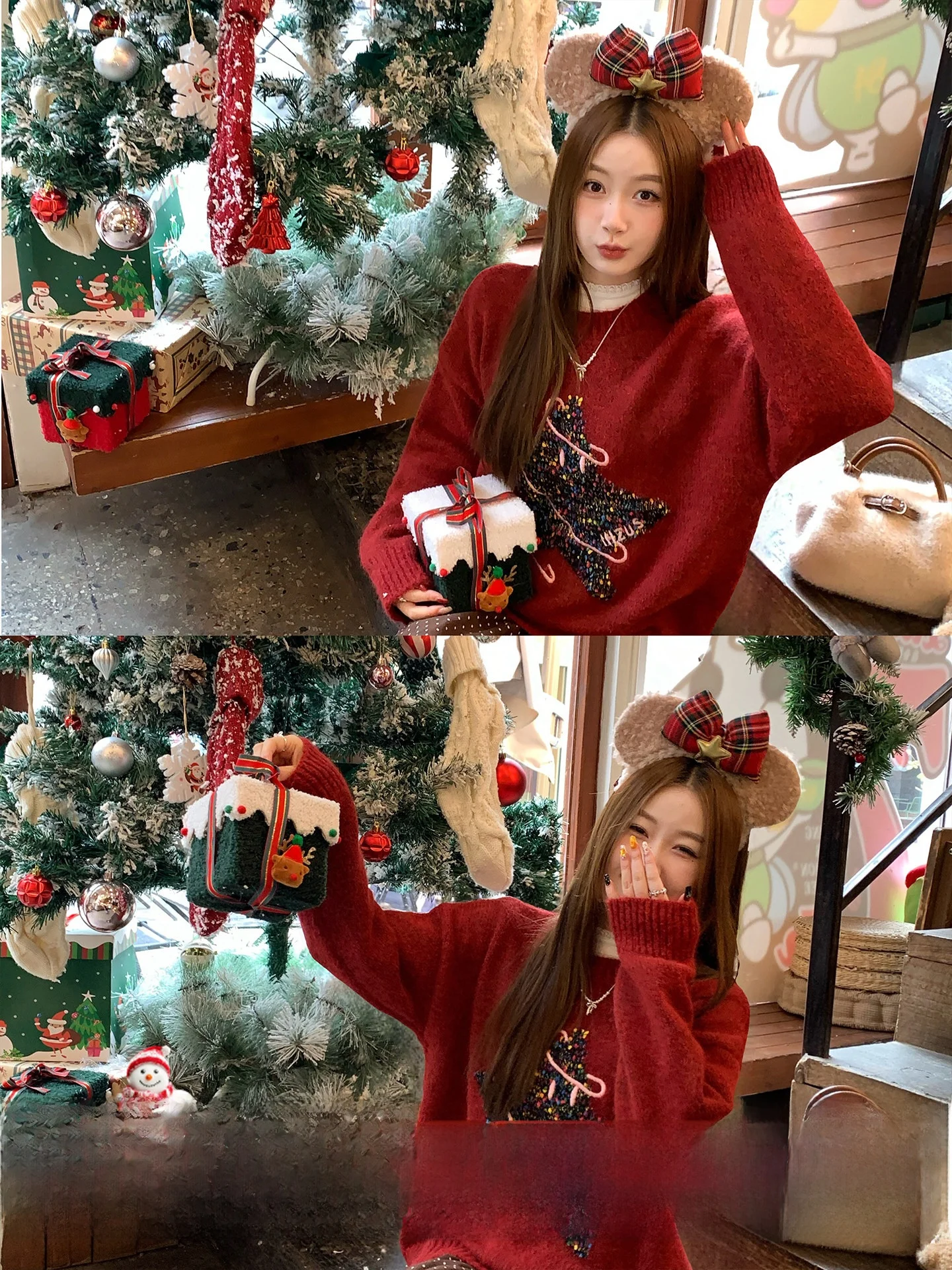 

Red Lazy Sweater Women's Inner Wear Knitted Top Su San San Cisas Sle Loose Fit round Ne Long Sve Star Print