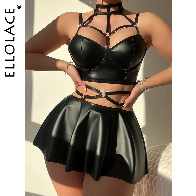 

Ellolace кожаный праздничный наряд, женская модель, новинка в подходящих Комплектах, комплект для ночного клуба, комплект для фанатов, комплект с юбкой