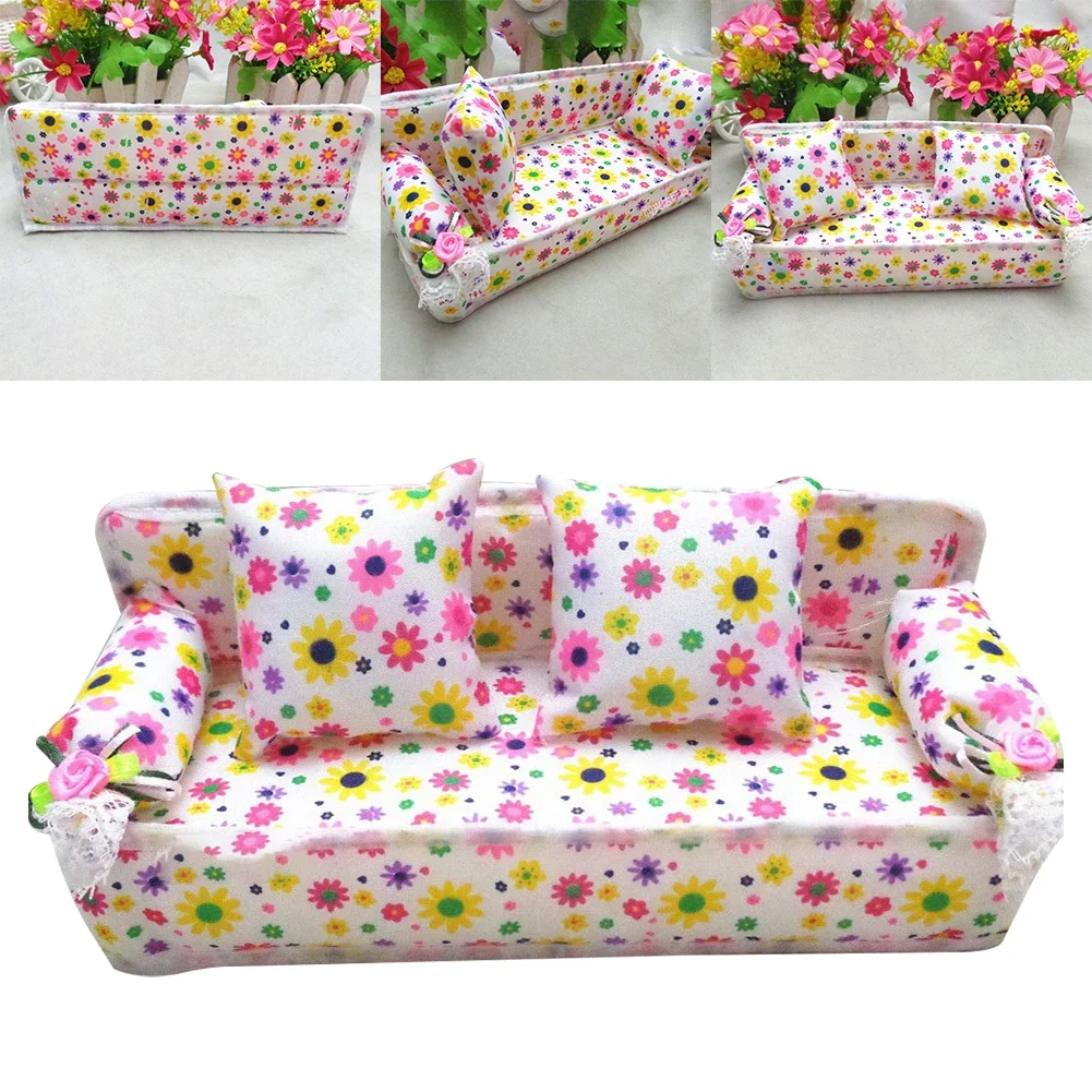 Flower Cloth Sofa Couch  2 Cushions Cute Dollhouse Furniture Chair Living Room Doll Accessories Doll House Girl Toy