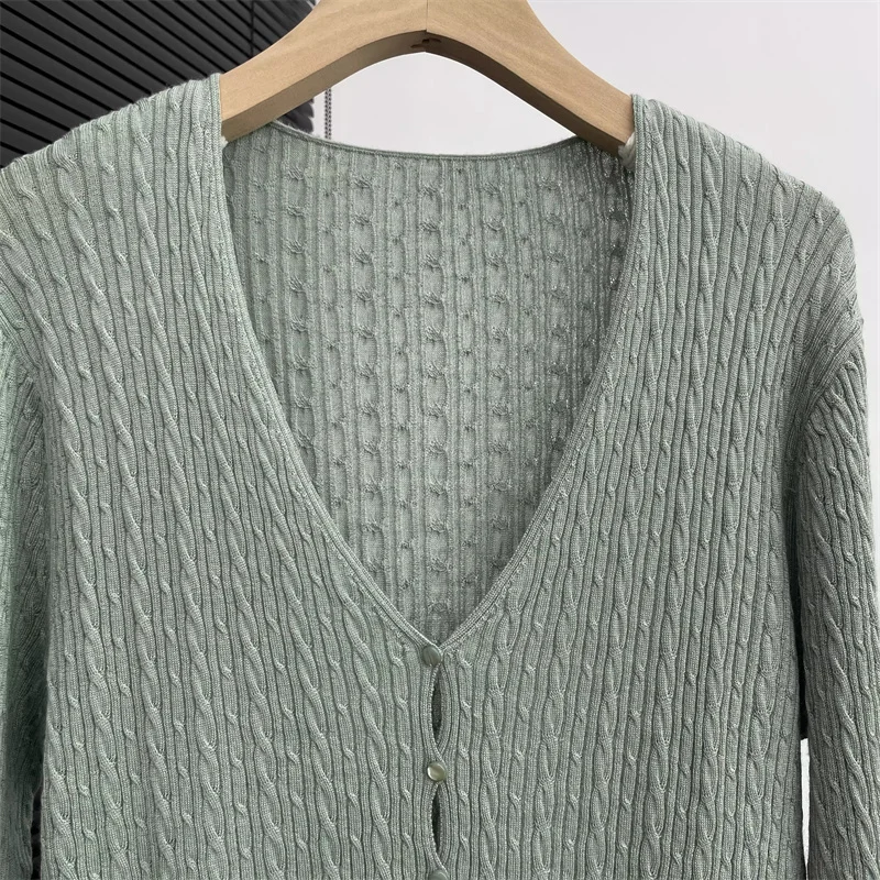 여성용 가디건 신상 신축성 니트 V넥 긴팔 가을 2025 싱글 슬림 얇은 코트 울 혼방 스웨터
