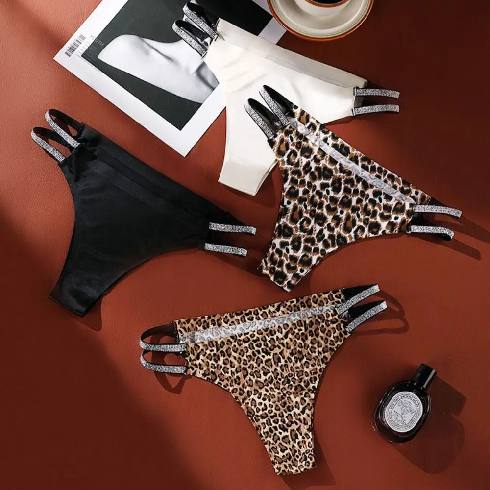 Bragas dulces de cintura baja de seda helada, bragas de algodón con entrepierna para mujer, ropa interior sin rastro, Tanga con estampado de leopardo, ropa interior