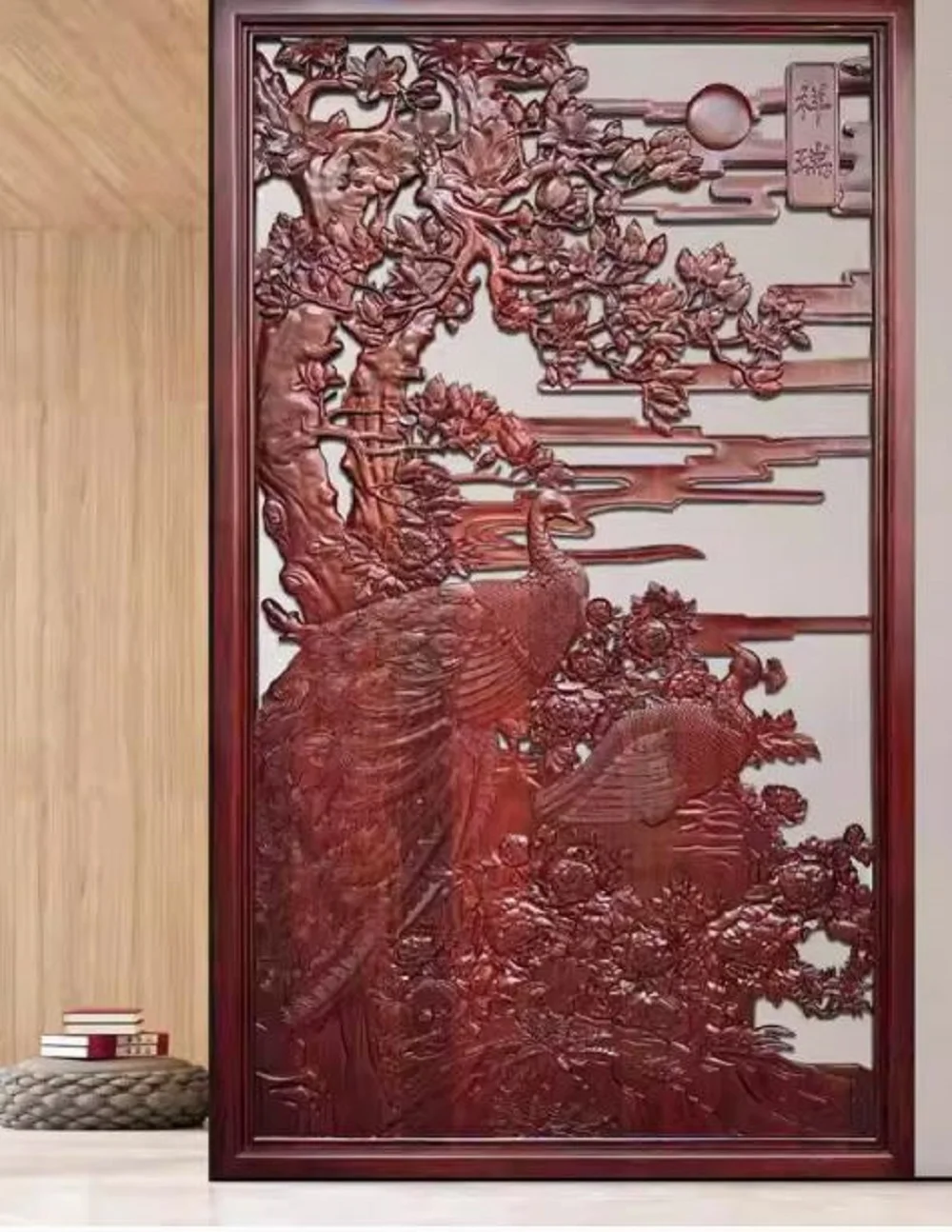 

Customized personalized hand carved new Chinese style partition redwood screen with hollowed out entrance background painting
