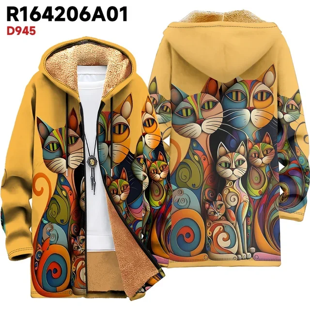 Толстовки с 3D принтом цветов, кошек и животных, толстовки на молнии, зимняя теплая куртка на молнии, унисекс, повседневная толстовка с капюшоном, утепленная уличная одежда