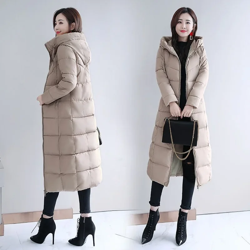 

2025 Fashion Long Straight Winter Coat Women Casual Warm Down Jackets Zippers Pocket Design Thickened Slim Remove Hooded Parka