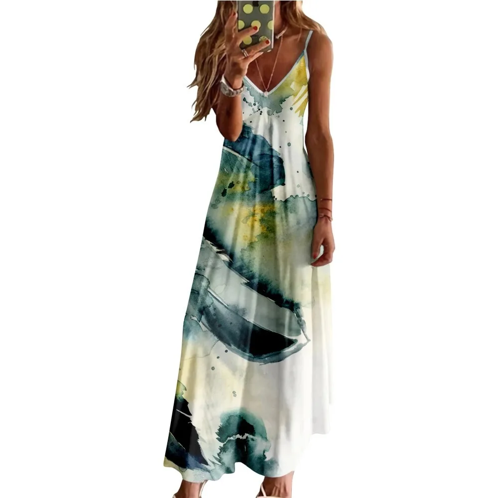 

Summer Sleeveless Dress Feather Print Sexy Maxi Dress Stylish Party Vestido Evening Dresses Beach Dresses Girl Elegant Robe