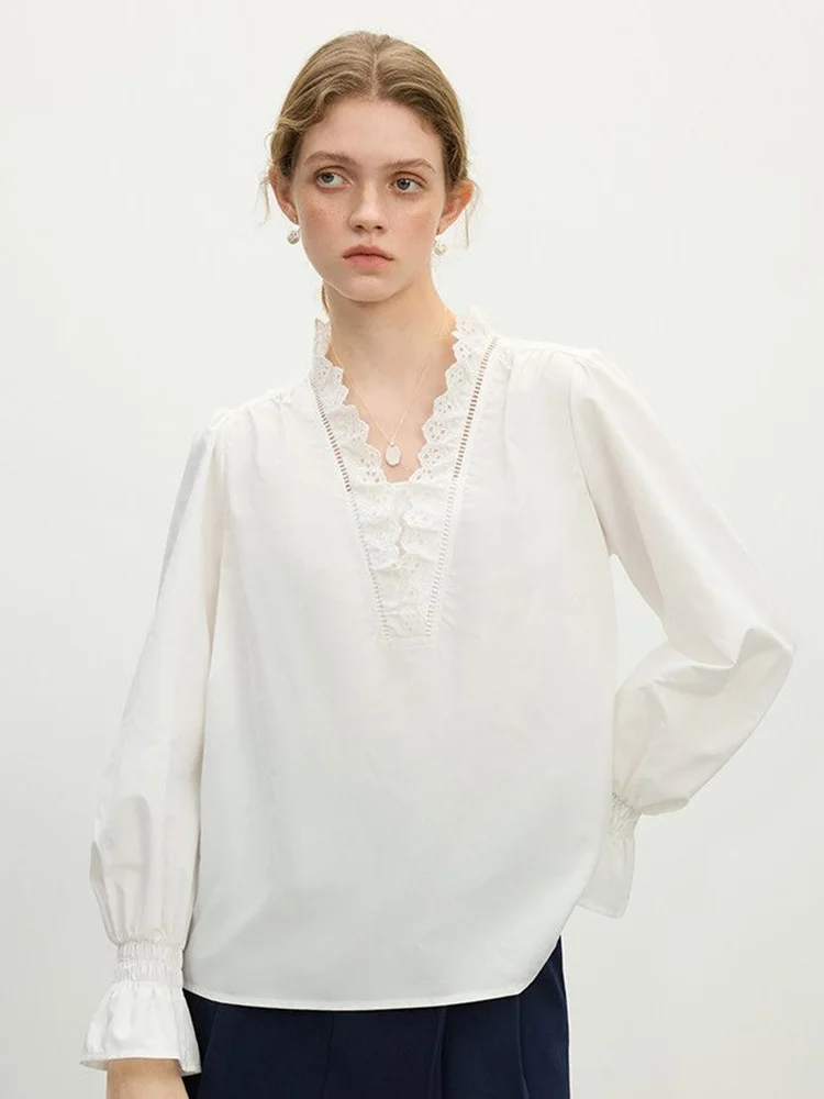 Kant Patchwork Wit Shirt Dames Vintage Amerikaanse Lente Lange Mouw Sexy V-hals Blouse Casual Losse Preppy Stijl Elegante Tops
