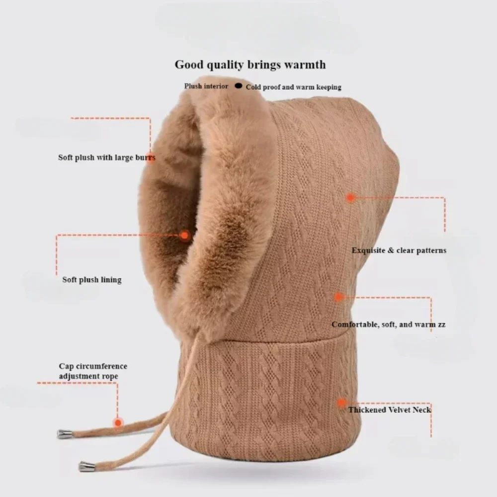 الشتاء رقيق قبعة صغيرة الخريف في الهواء الطلق سميكة الفراء مقنعين وشاح يندبروف الدافئة أفخم 3 in1 قبعات محبوكة لركوب الدراجات والتزلج