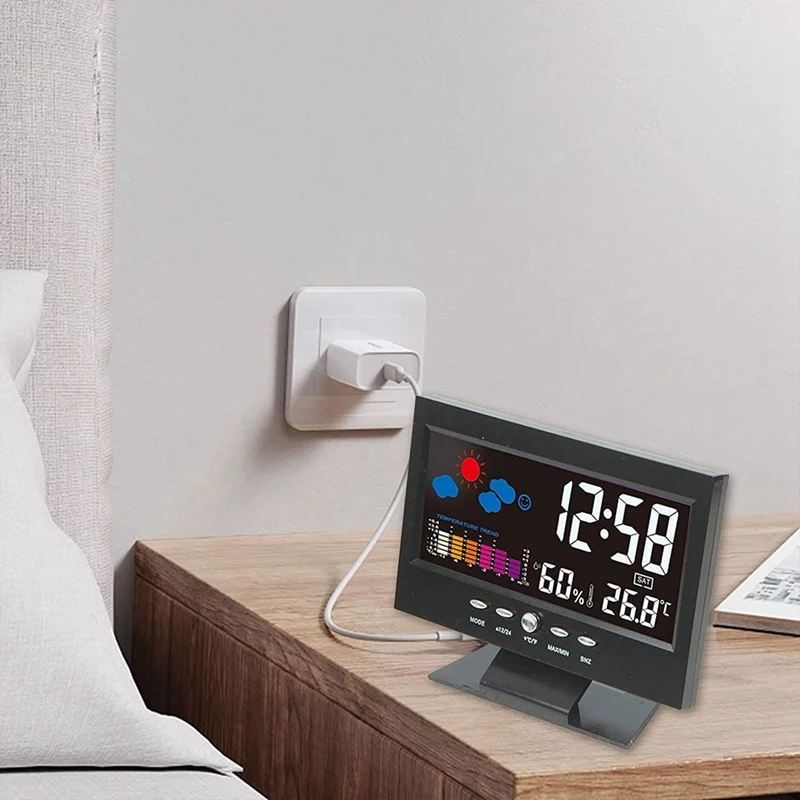 Temperature And Humidity Colour Screen Desk Clock, Wireless Weather Projections LCD Backlit Alarm Clock Sound