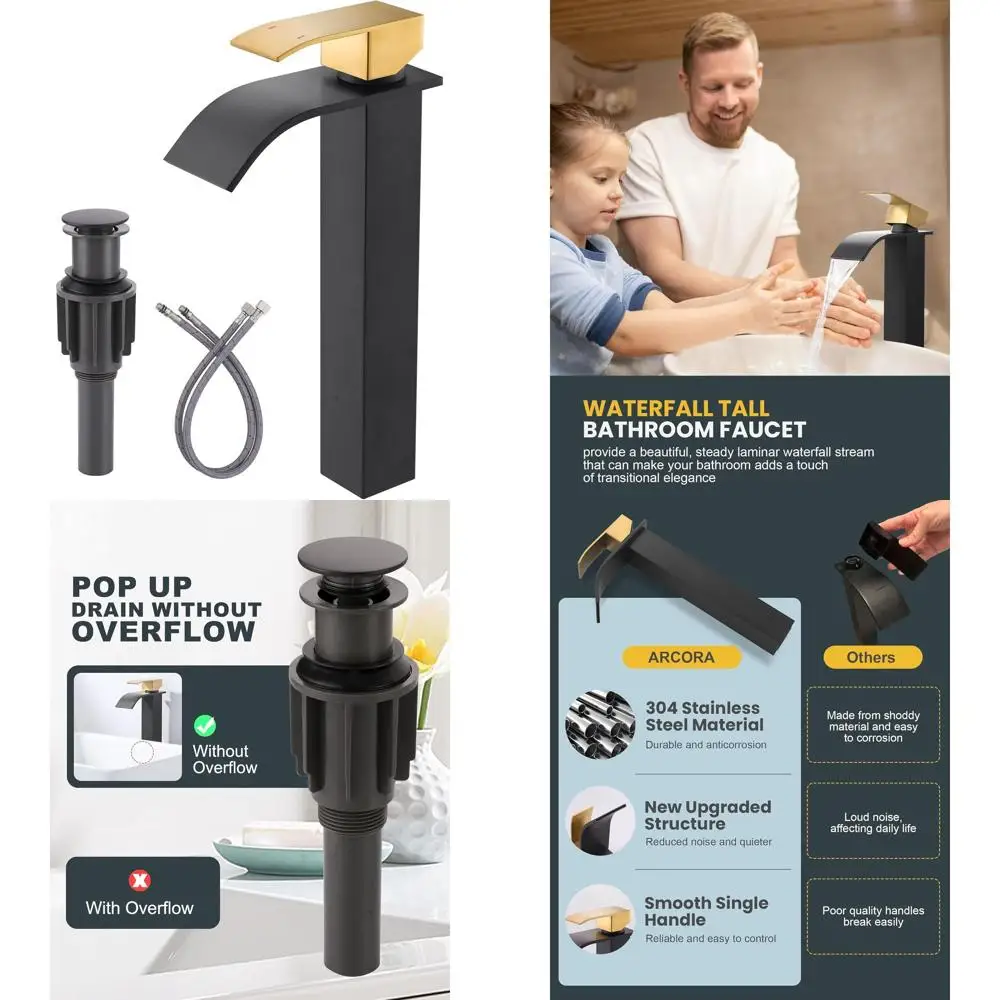 

Black and Gold Single Hole Waterfall Faucet with Pop-Up Drain for Bathroom Vanity, Single Handle Lavatory Tap with cUPC Supply L