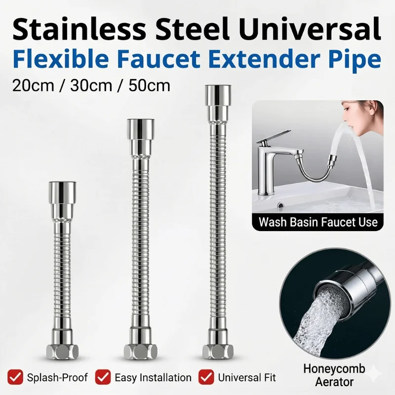 

Universal Flexible Faucet Extender 360 Degree Rotation Stainless Steel Extension Tube Splash-Proof Water Saving Aerator Pipe