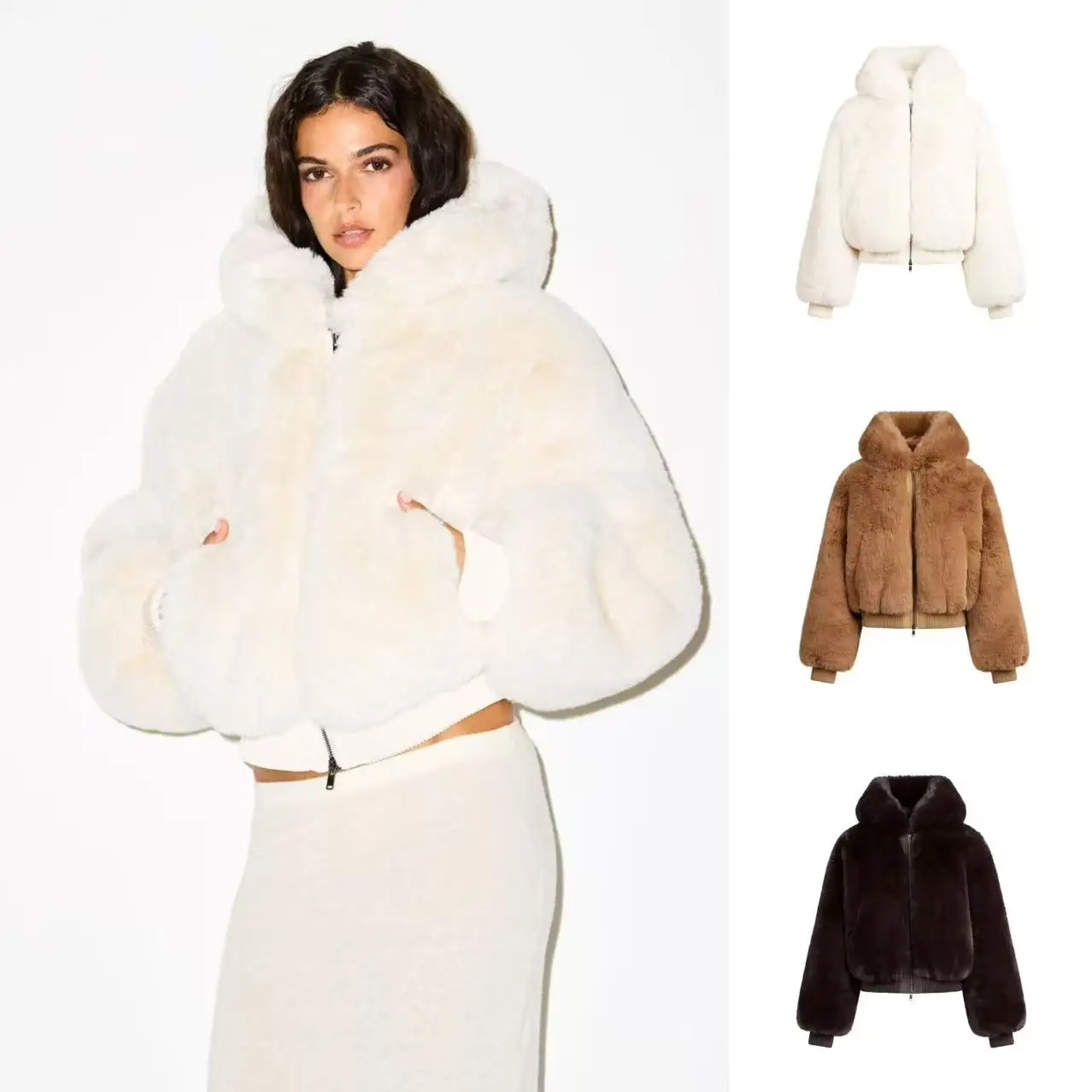 キム25新作冬用フード付きエコファー厚手暖かいプラッシュジッパー付きジャケット女性用