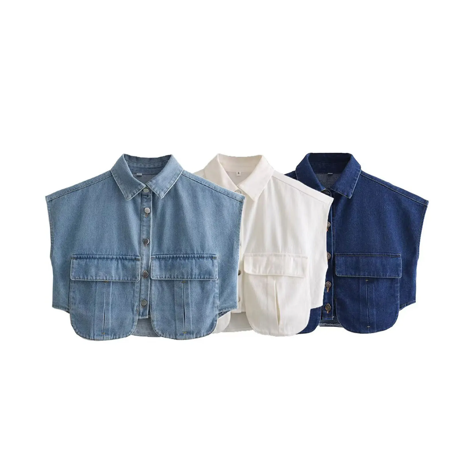 Ladies Fashion With Pockets Cropped Denim Blouse Shirts Women Sexy Sleeveless Button-up Female Blouses Blusas Chic Tops Female