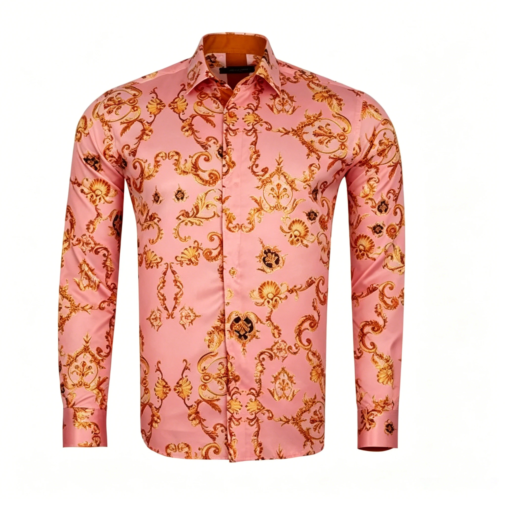 Men Luxury Glossy Satin Long Sleeve Dress Shirt White Base Golden Baroque Floral Scroll Ornate Allover Print Slim Fit Button Dow