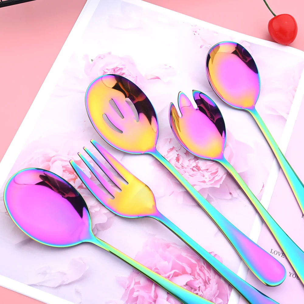 AJOYOUS Dinnerware Set Rainbow Tableware Stainless Steel Cutlery Salad Fork Spoon Service Spoon Soup Spoon Cake Shovel Kitchen