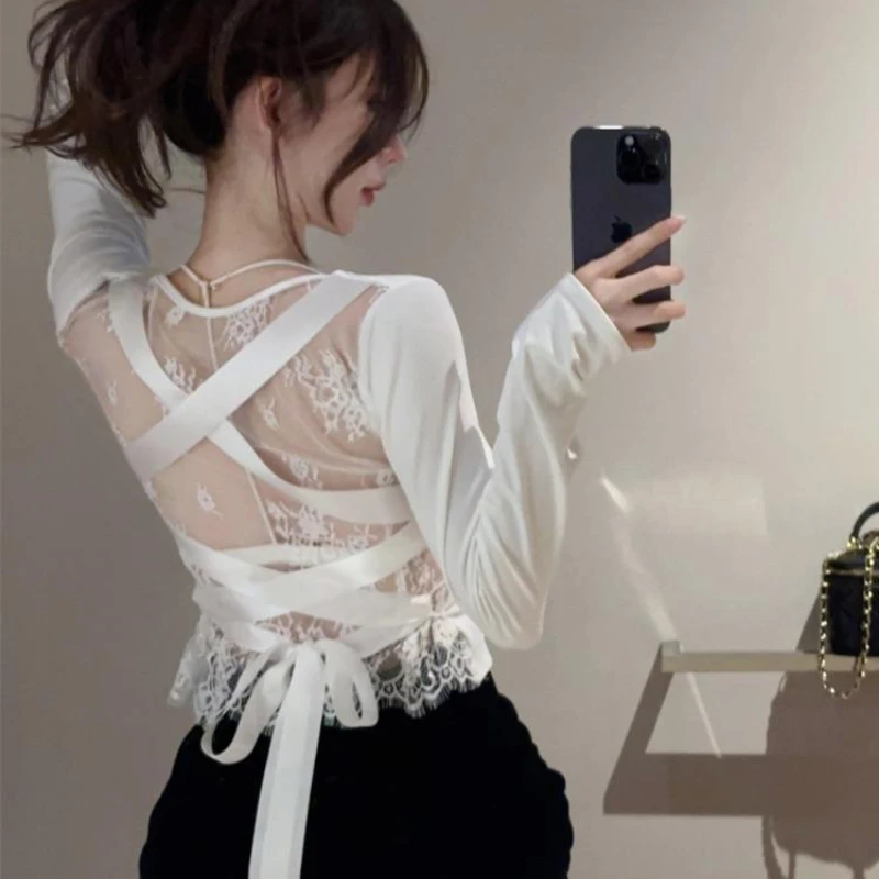 Sexy T-shirts Women Bandage Aesthetic Long Sleeve Tops Y2k Girls Fashion Hotsweet Tender  Club Wear Ulzzang Soft Clothes