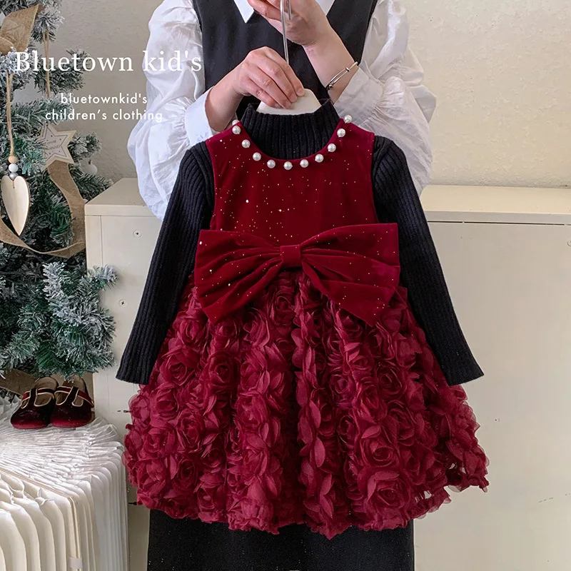 Girls Christmas New Year Dress Winter 2 3 4 6 8 10 Years Children Bowtie Red Rose Ball Gown Thicken Sleeveless Sundress For Kids