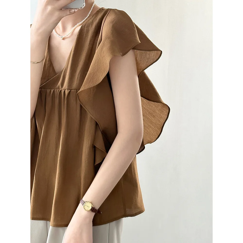 Women Clothing Girls Fly-sleeve Ruffled V-neck Shirt 2024 Summer New Fashionable French Style Niche Chic Casual Simple Top