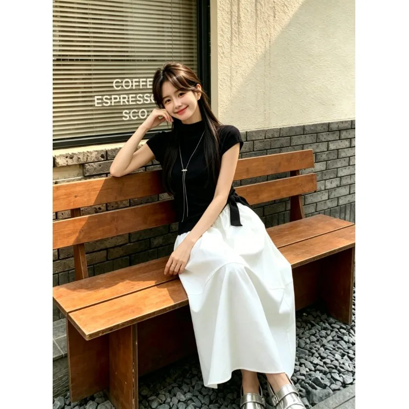 Conjunto de Falda y Blusa de Verano, Corte Entallado, Color Blanco, Manga Corta, Falda Midi de Cintura Alta, Diseño Asimétrico con Lazo, Elegante, Ropa de Trabajo, Dos Piezas