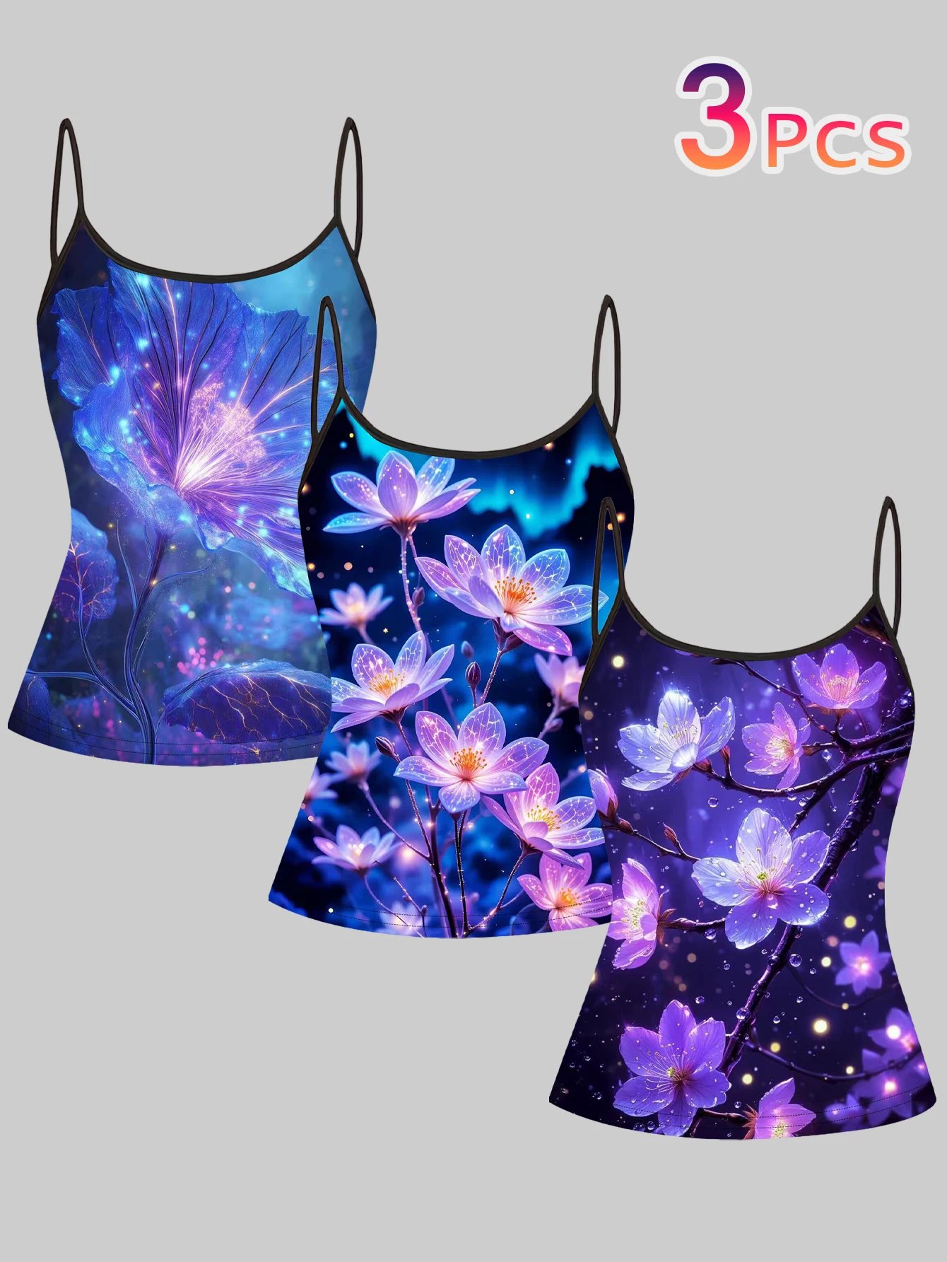 3-Piece Set of Dreamy Luminous Floral Print Camisoles for Women, Blue and Purple Starry Sky Floral Design, Stylish Slim-Fit Sleeveless Hot Girl Inner Wear Tops