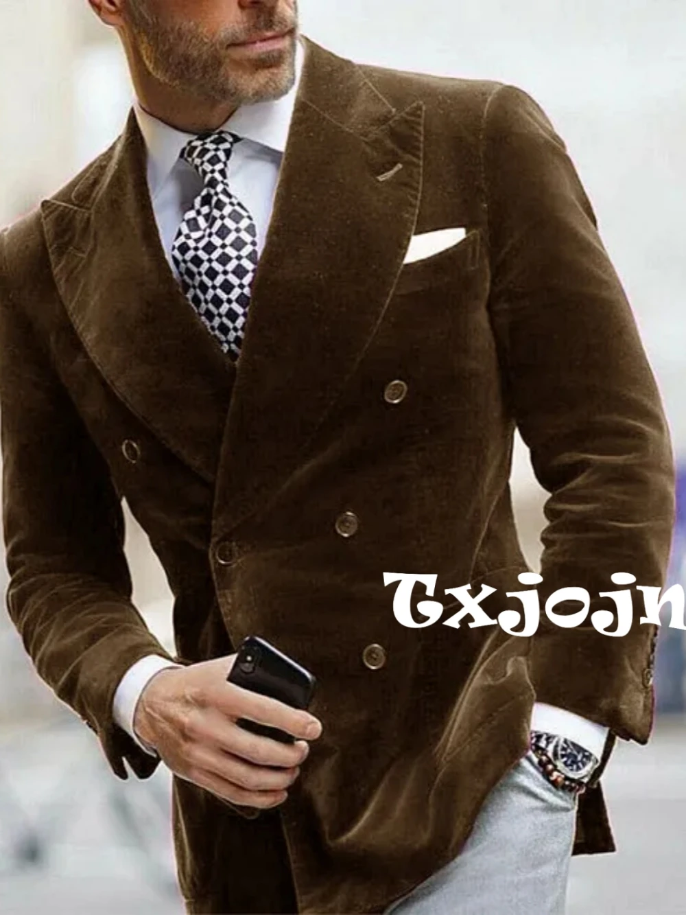 

New Velvet Double Breasted Men's Jacket Business Outfit ,Autumn Winter Warm Blazer For Men Banquet Party Wear Plus Size