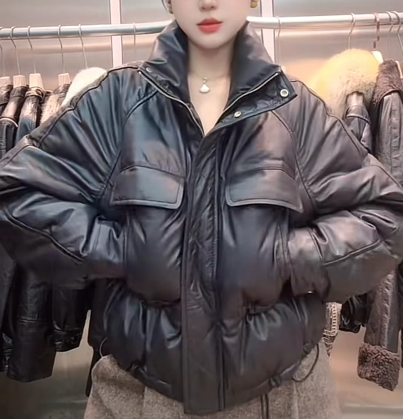 Bla Du ダウン オーバーサイズ ミッドレングス シンプルな冬用ジャケット シンプルな女性用多用途コート 暖かいシープスキンレザーコート