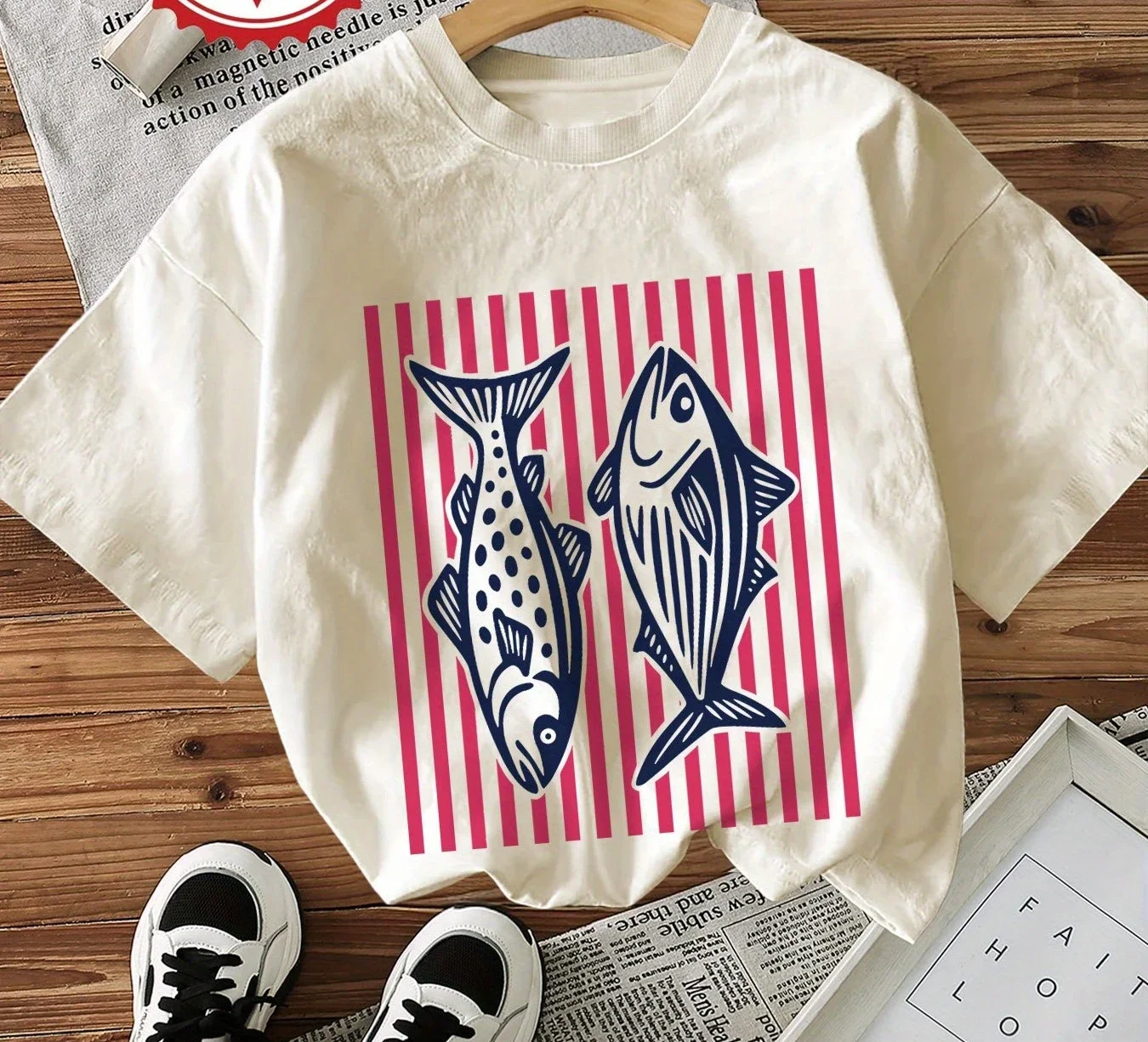 Women's Ocean-Inspired Casual T-Shirt Crew Neck Short Sleeve Soft Comfortable Summer Top with Fish And Stripes Print