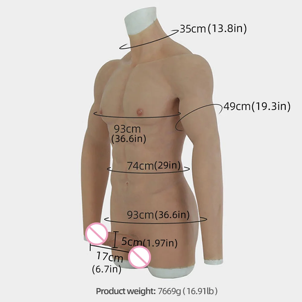 Tgirl Men’s Muscle Suit with Penis for Cosplay Macho False Chest Costumes Bodysuit with Artificial Arms FTM Transgender Shemale