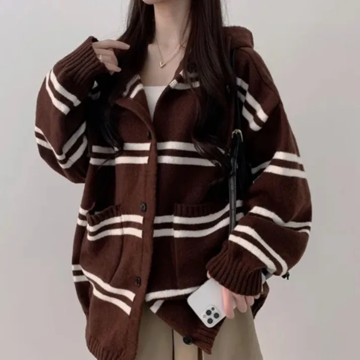 

Шикарный осенне-зимний длинный светящийся полосатый открытый кардиган с капюшоном, свитер Fem Faion из полиэфирного волокна, повседневный Sle