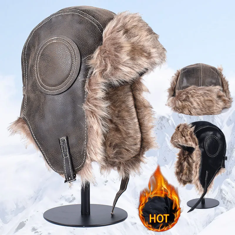 Earflap Hat Ushanka Autumn 2024 Winter Cap Man Russian Warm Windproof  Pu Leather Faux Fur Hat Aviator Pilot Trooper Bomber Hats