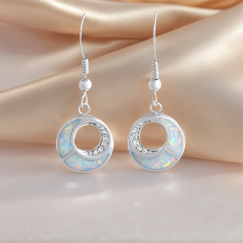 

JieLing Elegant Vintage Concise Dangle Earrings Real Synthrtic Fire Opal White Zircon Earrings Female Fashion Jewelry for Gift