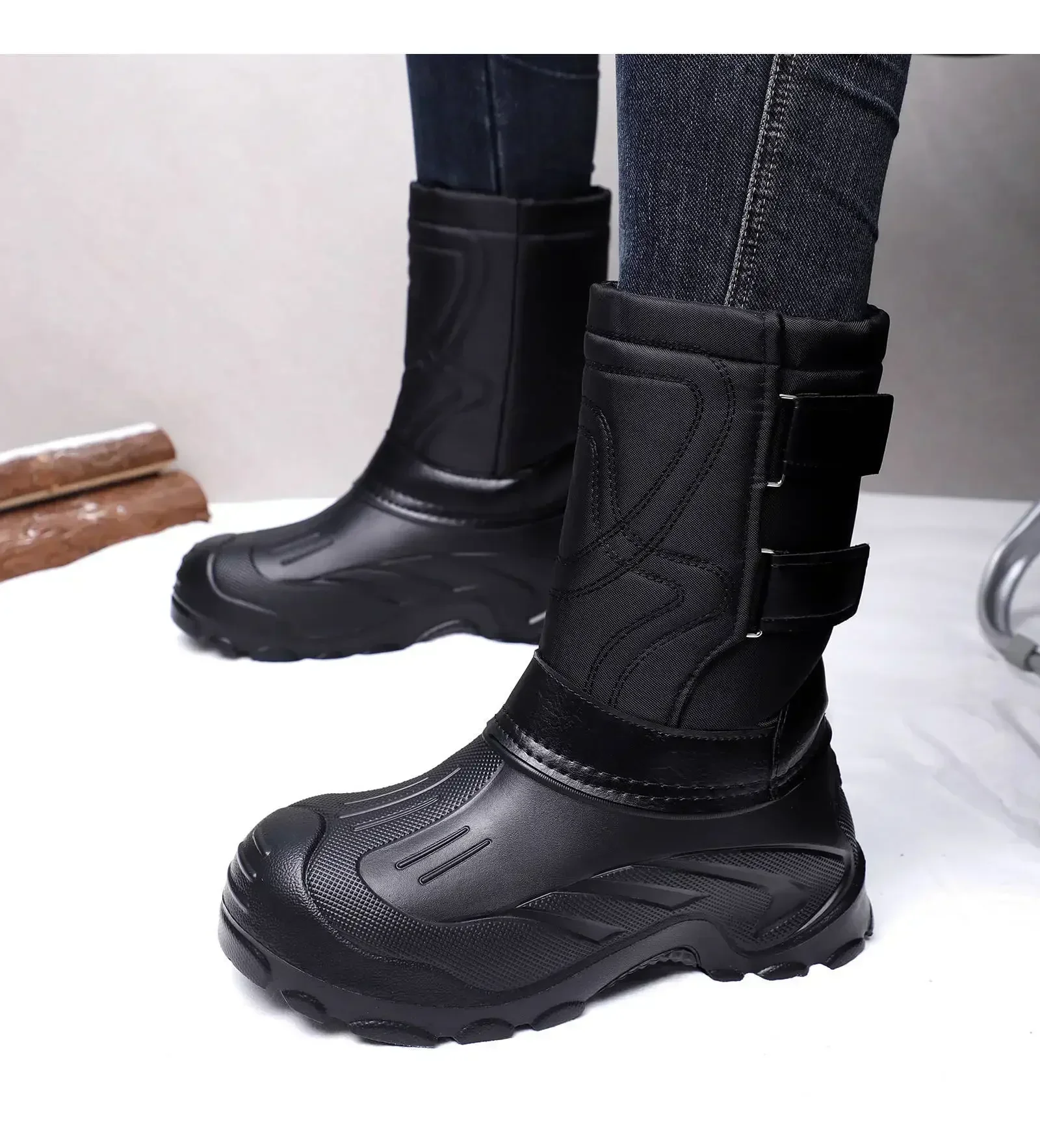 Herren Winter-Schneestiefel mit mittlerer Schaftlänge, Camouflage-Motiv, Klettverschluss-Design, wasserdicht, rutschfeste Gummisohle, warme Outdoor-Stiefel – Detail 12