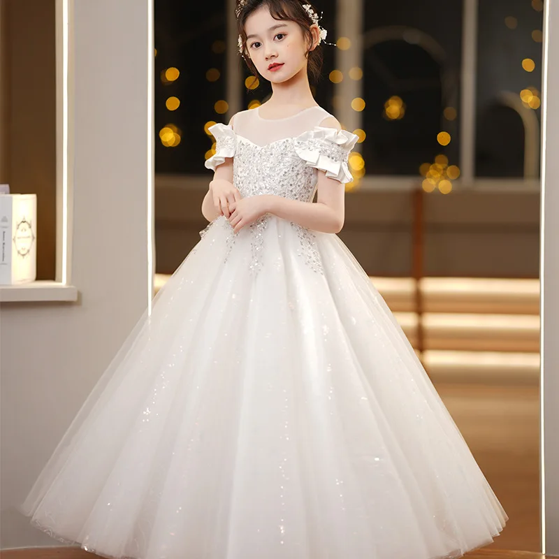 New Youth Girl Princess Mesh Dress Wedding Flower Girl Dress School Competition Piano Long Performance Dress for 3-12 Years