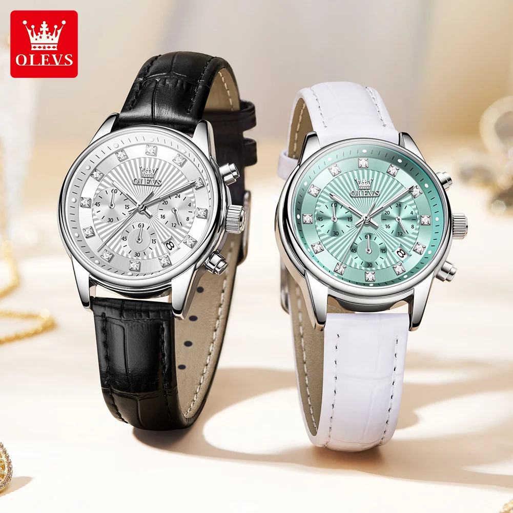 OLEVS Fashion Chronograph Women Watch Top Brand Luxury Leather Strap Waterproof Sport Quartz Watches For Women Date Watch Montre