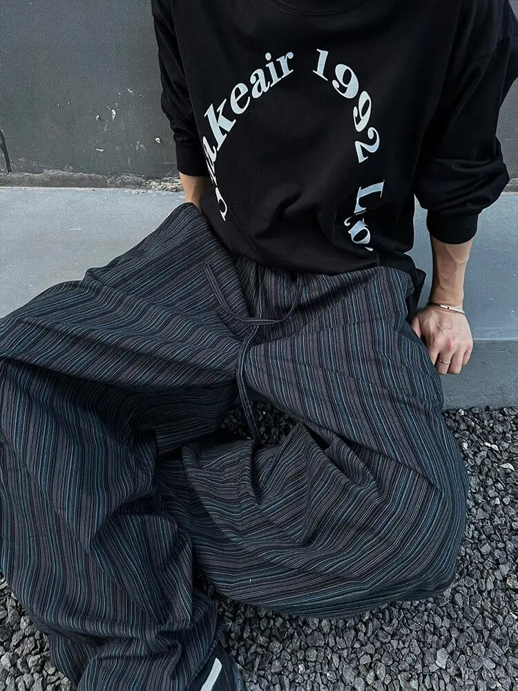 กางเกงขายาวทรงหลวมสไตล์อเมริกันเรโทร สีน้ำเงิน-ดำ ลายทางแนวตั้ง ผ้าฝ้าย สำหรับผู้ชายและผู้หญิง