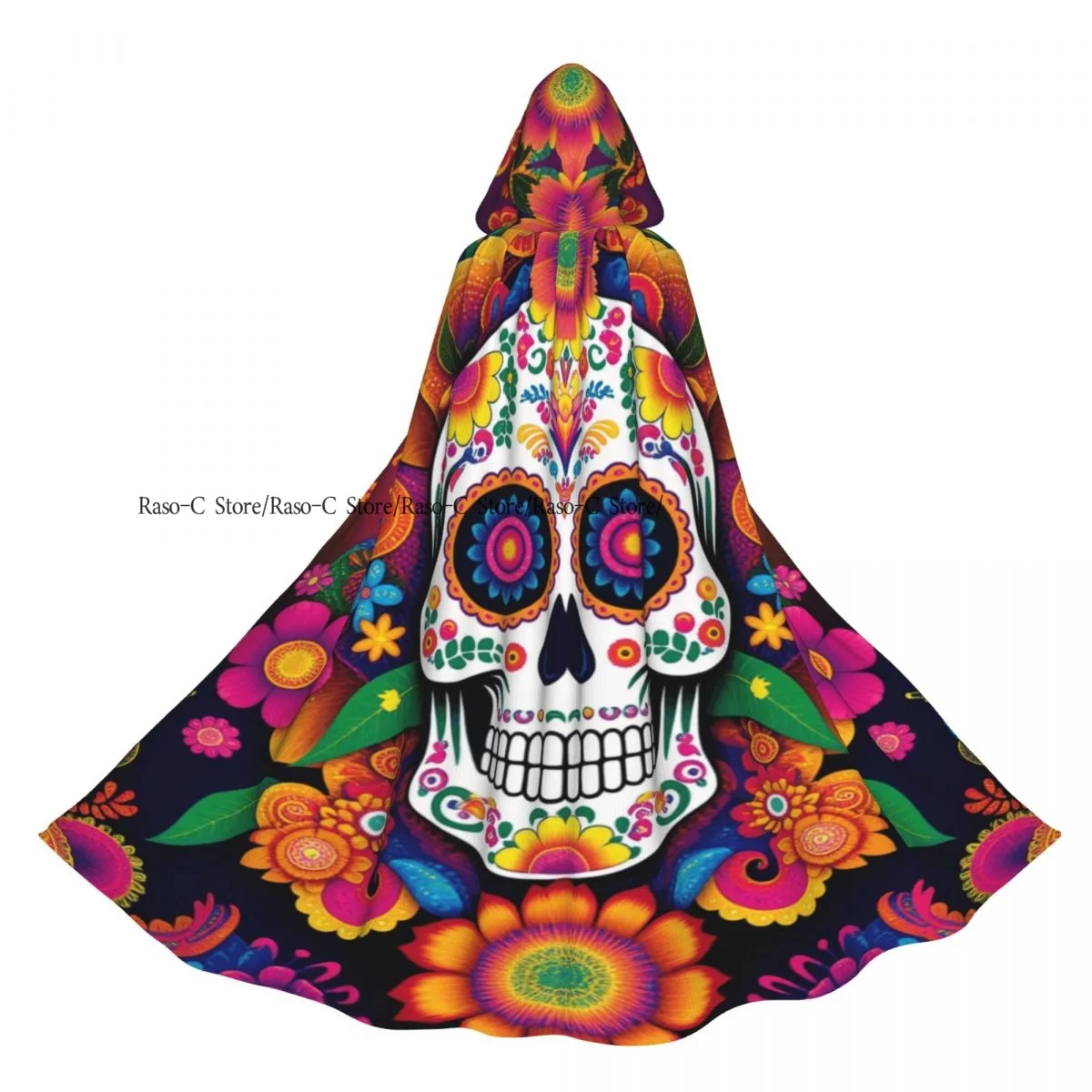 عباءة يوم الموتى على شكل جمجمة السكر المكسيكية للبالغين من الجنسين مع غطاء رأس طويل للساحرة #2