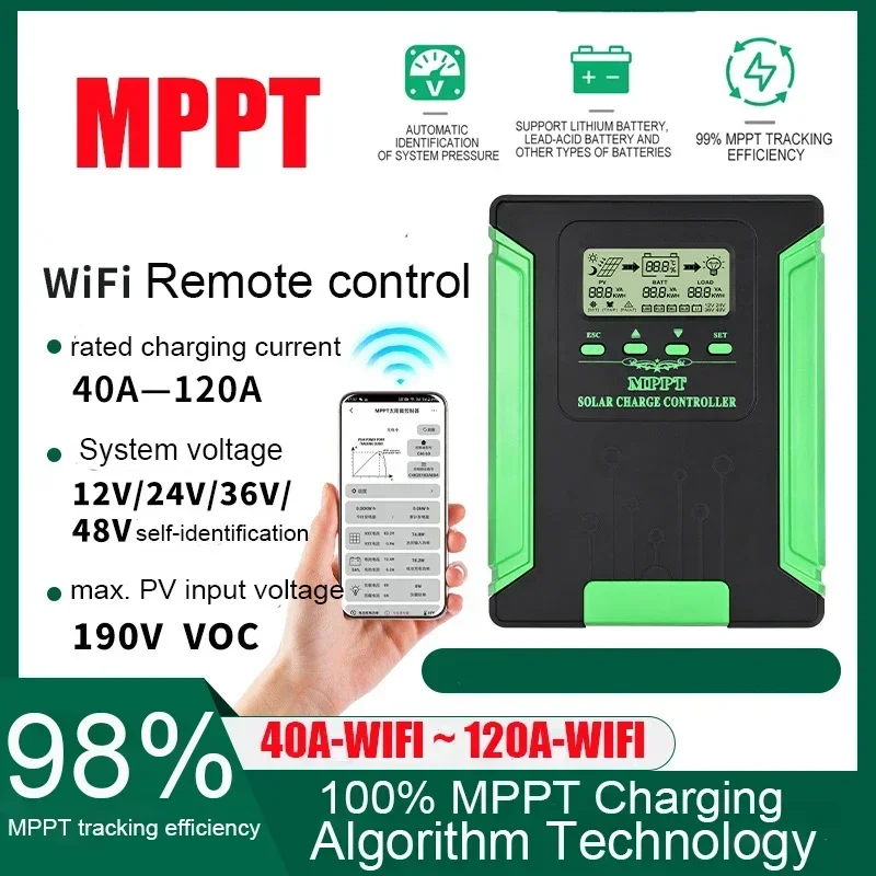 Wifi MPPT Solar Charge Controller 40A 60A 100A 120A  12-48V Auto Max Solar Input 180VDC Solar Panel Regulator Charge Controller