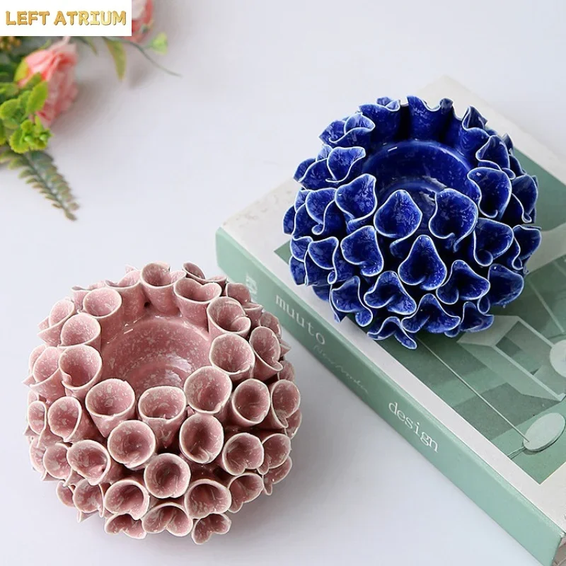 Handmade Ceramic Candlestick Layered Petals Candle Stand Desktop Decorative Handicrafts Candle Holders Home Decoration