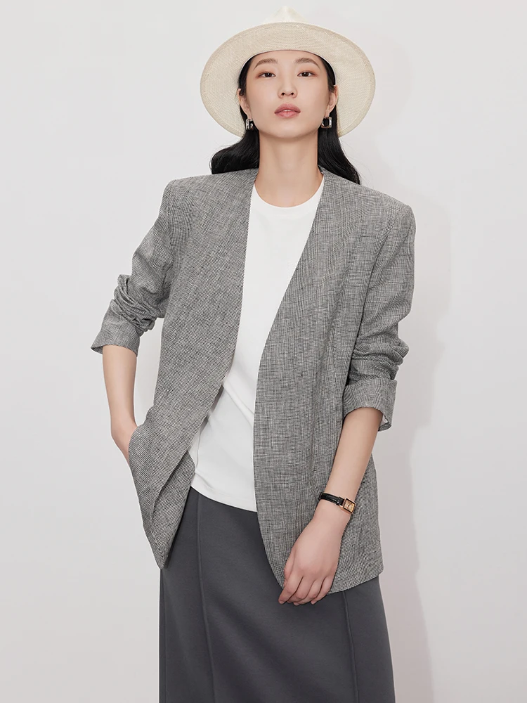 

Casual Linen ey Suit Jaet Women's Classic Sle Commute Comfortable Loose Fit No-Cuff Long Sve Traditional Chinese Brand