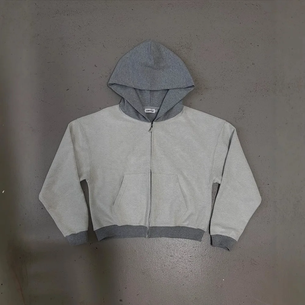 سويت شيرت بسحاب مقسم بلون سادة مخصص للشارع بأكمام طويلة للرجال والنساء مع قلنسوة وسترة كلاسيكية