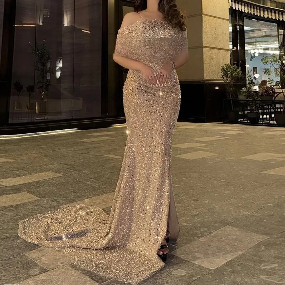 

Customized Mermaid Evening Dresses Floor-length Off The Shoulder Sleeveless Prom Gown Fashion Sequined Backless Party Gown