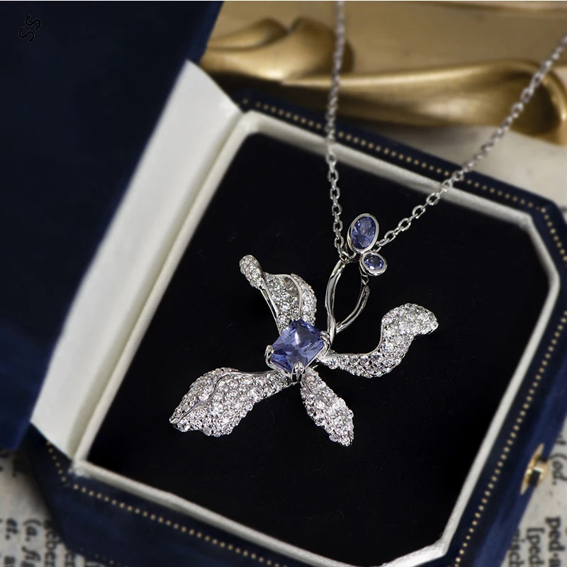 Tanzanite Blue Niche Light Luxury S925 Sterling Silver Necklace Chain Women's Simple Senior Sense Iris Earring Jewel 2 Pcs Sets